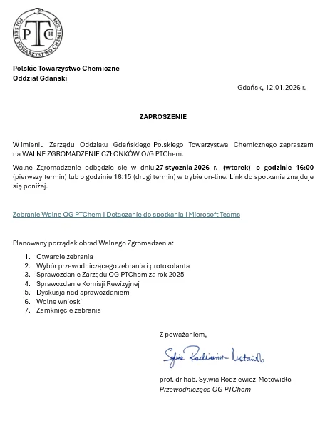 Zaproszenie na Walne Zgromadzenie Członków O/G PTChem